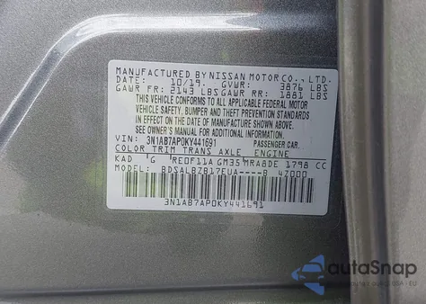 2019 Nissan Sentra S z USA, uszkodzony, nr VIN 3N1AB7AP0KY441691
